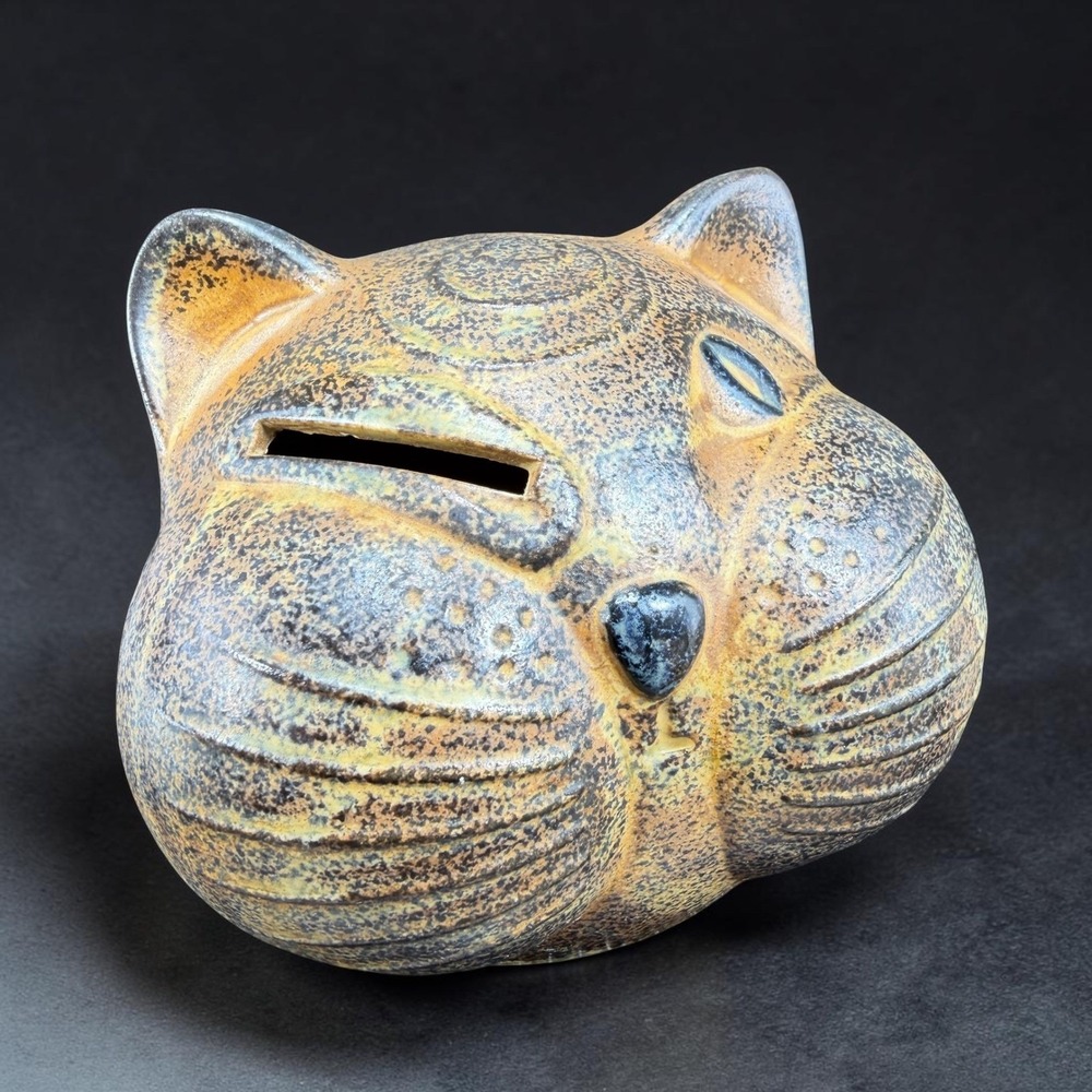 Vintage Ceramic Cat Head Piggy Bank Winking Feline Coin Bank Brown Textured 5"
